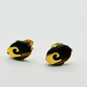 Vintage Pierre Cardin Tigers Eye And Shiny Gold Tone  Modernist Cufflinks